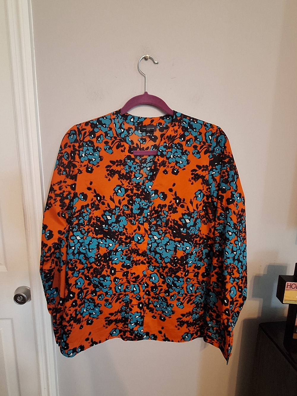 The Limited Orange Floral V-Neck Blouse with Buttom Up Sleeves